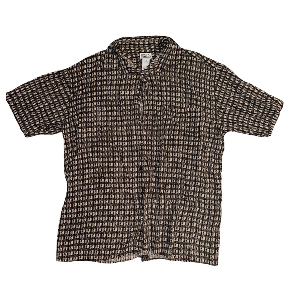 Basic Editions Mens Large Brown Black Rayon Geometric Short Sleeve Button Shirt